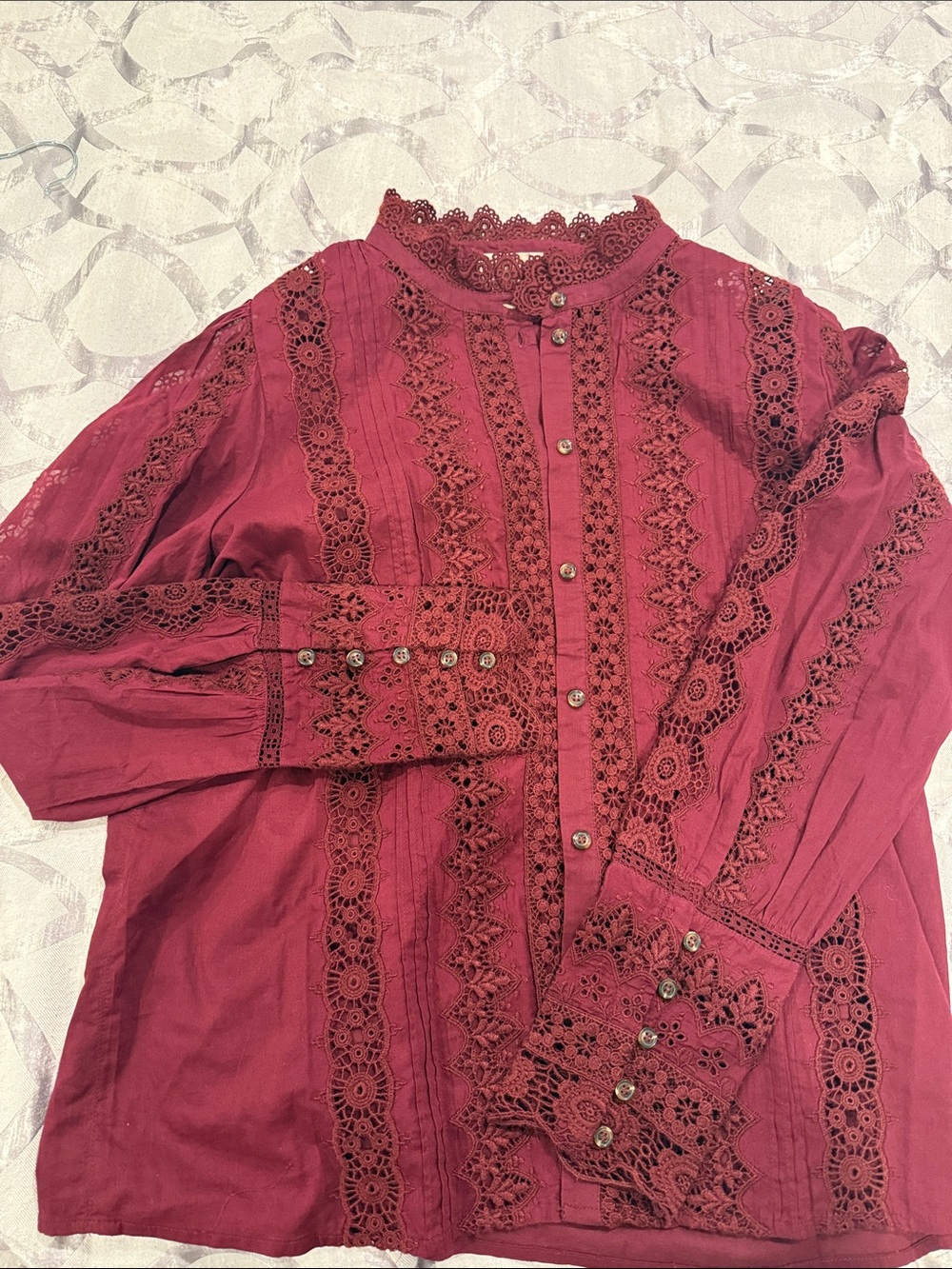 Sezane Rym Burgundy Lace-Trim Blouse